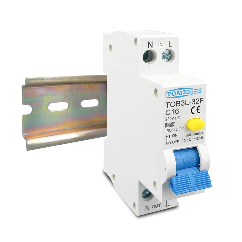 TOMZN TOB3L-32F 18MM RCBO 6A 10A 16A 20A 25A 32A 1P+N  Residual Current Circuit Breaker With Over Current And Leakage Protection