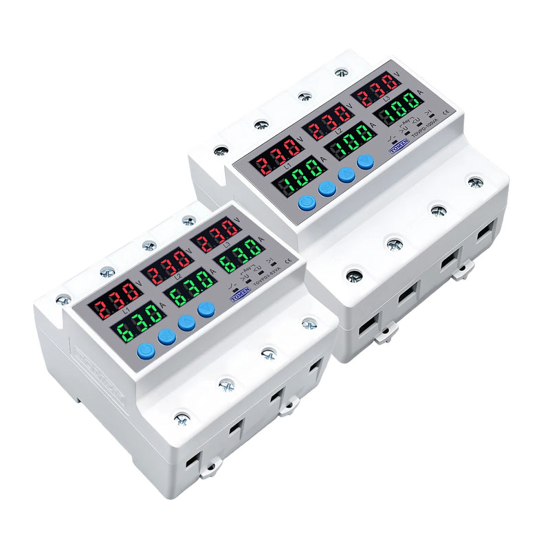 TOMZN Three Phase 4 Wires 3P+N 63A 100A Adjustable Ampere Protector Self Recovery Auto Reconnect Voltage Protection Relay