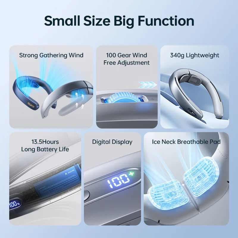 JISULIFE Portable Neck Fan，100 Speed Wind，5000mah Battery，17 Hour Work Time，Mini Electric Neck Fan Usb Rechargeable Neckband Fan