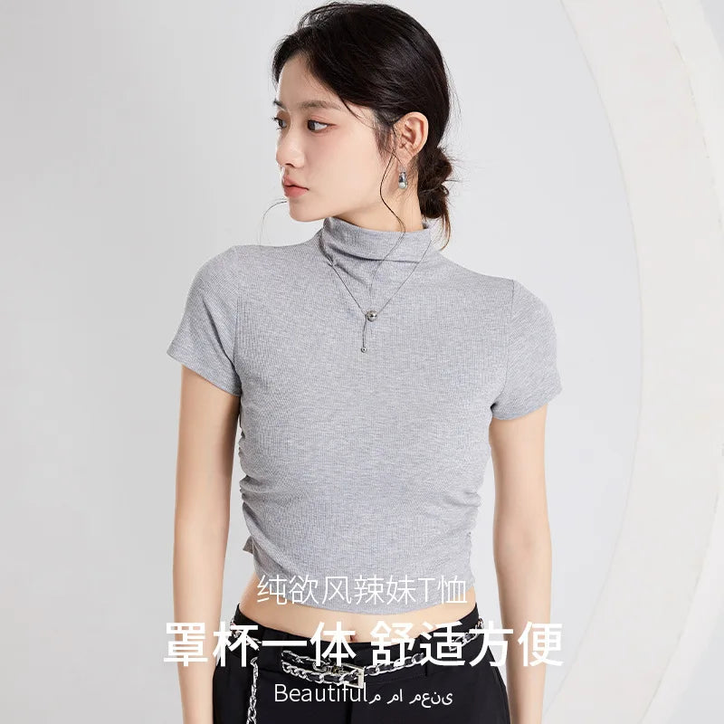 Modal Turtleneck Short Sleeves Chest Pad Base Shirt Women's Slim Underwear Spring and Summer Sleepwear Pajamas One Piece Top