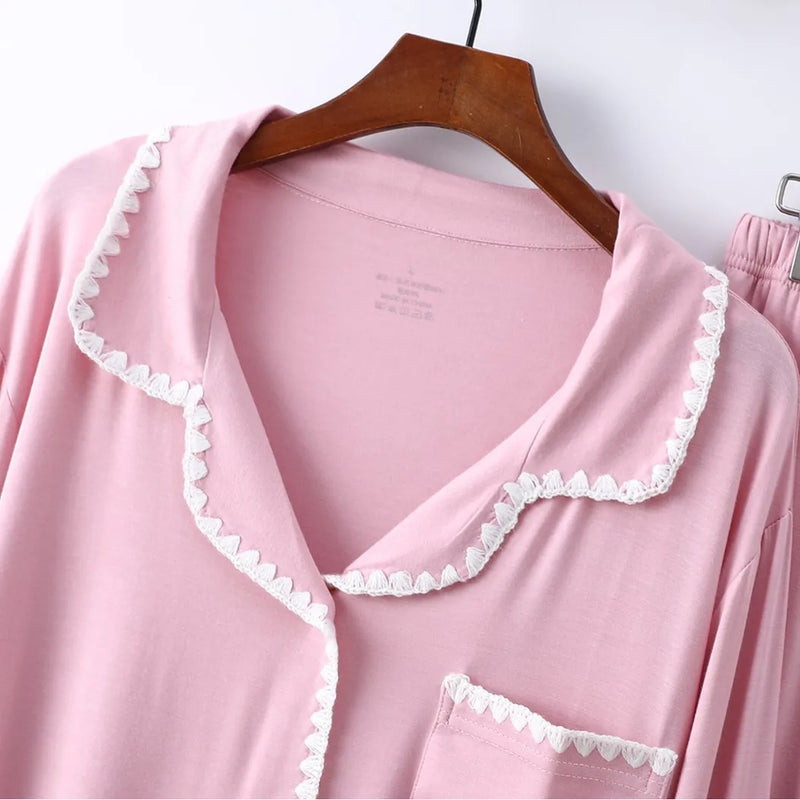 New Embroidery Modal Long Sleeved Spring Autumn Pajamas For Women Sleepwear Trousers Sets High Quality Women's Home Clothes