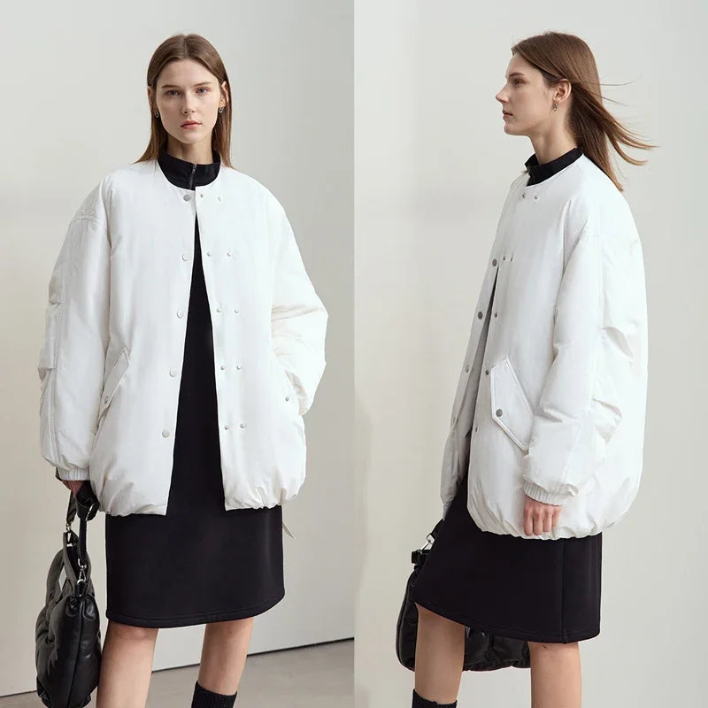 AMII Minimalism Women's Down Jacket 2026 Winter Casual Warm Round Neck Ultra-loose Long Sleeve Solid Versatile Overcoat 12444112