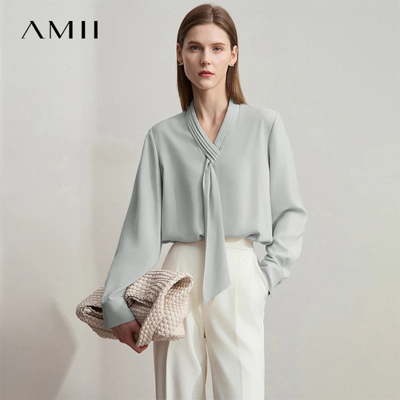អាវ Amii Minimalist Chiffon សម្រាប់ស្ត្រី អាវតូច ក V ដៃវែង រចនាប័ទ្មធ្វើដំណើរ អាវធំត្រង់រាងបំពង់ 12511095