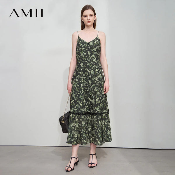 រ៉ូប Amii Minimalism សម្រាប់វិស្សមកាលធម្មតាឆ្នាំ ២០២៦ រដូវក្តៅថ្មីសម្រាប់ស្ត្រី រ៉ូបផ្កាចង្កេះស្ដើងបែប Vintage Crinkle Chiffon 12542080