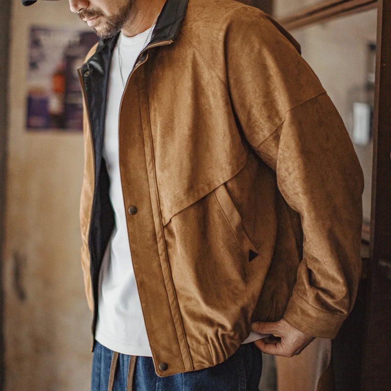 Maden Vintage Suede Coach Jacket Men's Stand Collar Cropped Safari Jacket Windproof Warm Coat for Autumn Winter Streetwear