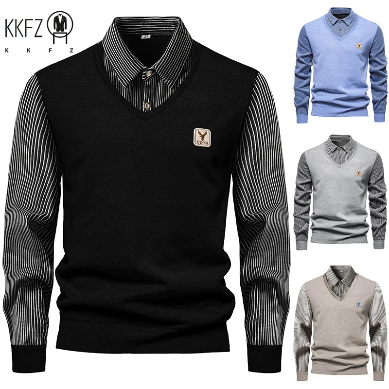 Male Business Knitted Sweater Fake Two Piece Vest Outer Striped Long Sleeve Lapel Shirts Soft Warm Daily Pullover