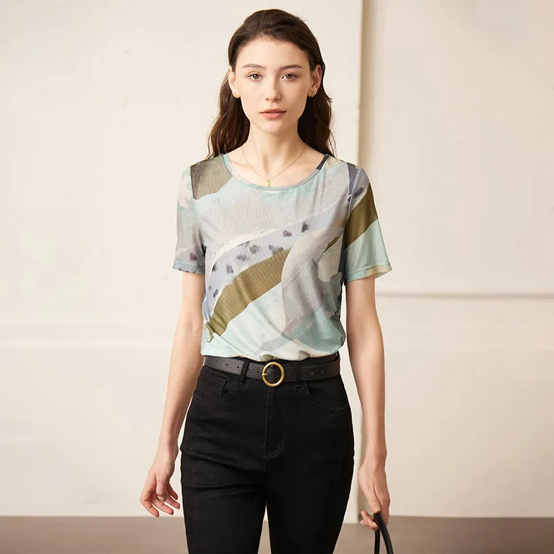 Amii Women's T-Shirt 2026 Summer New Round Neck Artistic Print Breathable Mesh Tee Casual Short Sleeve Top For Women 12612043