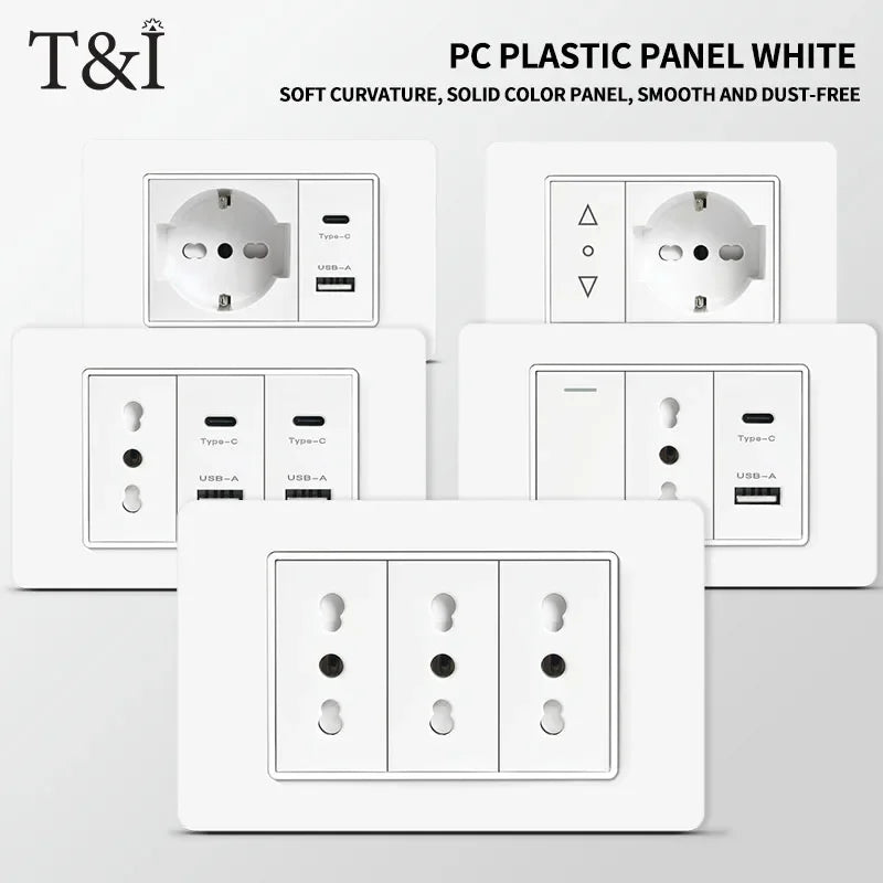 T&I 118  PC plastic panel  socket: USB Type-C, Italian switch , Chilean outlet, very suitable for residential and office spaces