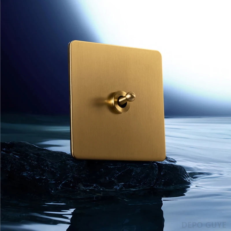 Retro Wall Light Toggle Switch Dual EU FR Socket Gold Stainless Steel Brushed Panel  Vintage Brass Lever For Home Improvement