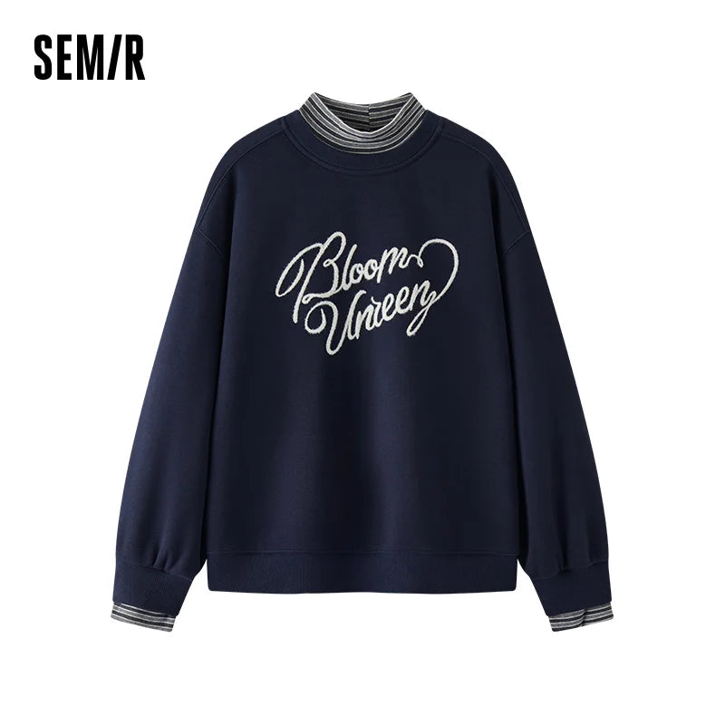 Semir Women Sweatshirt Fleece Lined Layered Look Panelled Design Stripe Pattern Embroidered Detail Stand Collar 2026 Winter