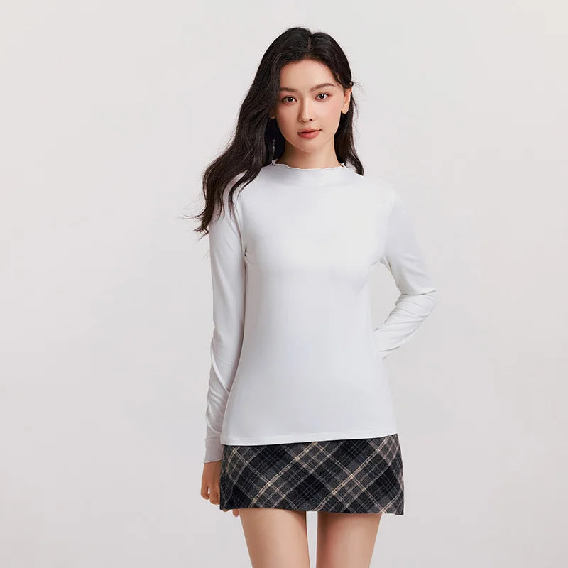 Semir Women Tshirt Thermal Warmth Antibacterial Fabric Slim Fit Solid Color Everyday Style Ruffle Detail Layering Essential