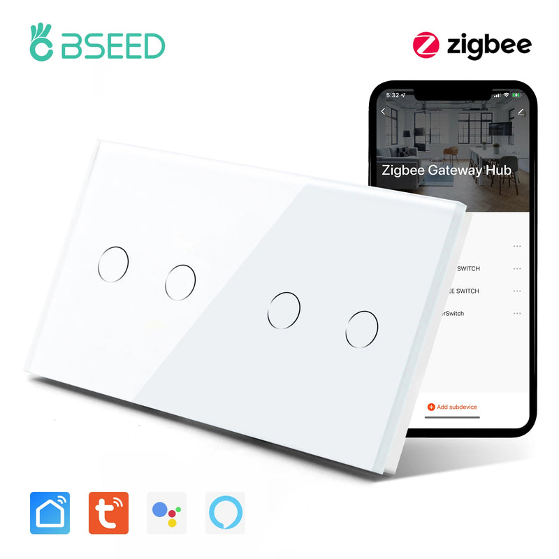 BSEED Zigbee Wall Switches Smart Touch Screen Light Switch 1/2/3Gang 1/2/3Way Google Alexa Tuya App Control No Neutral Line
