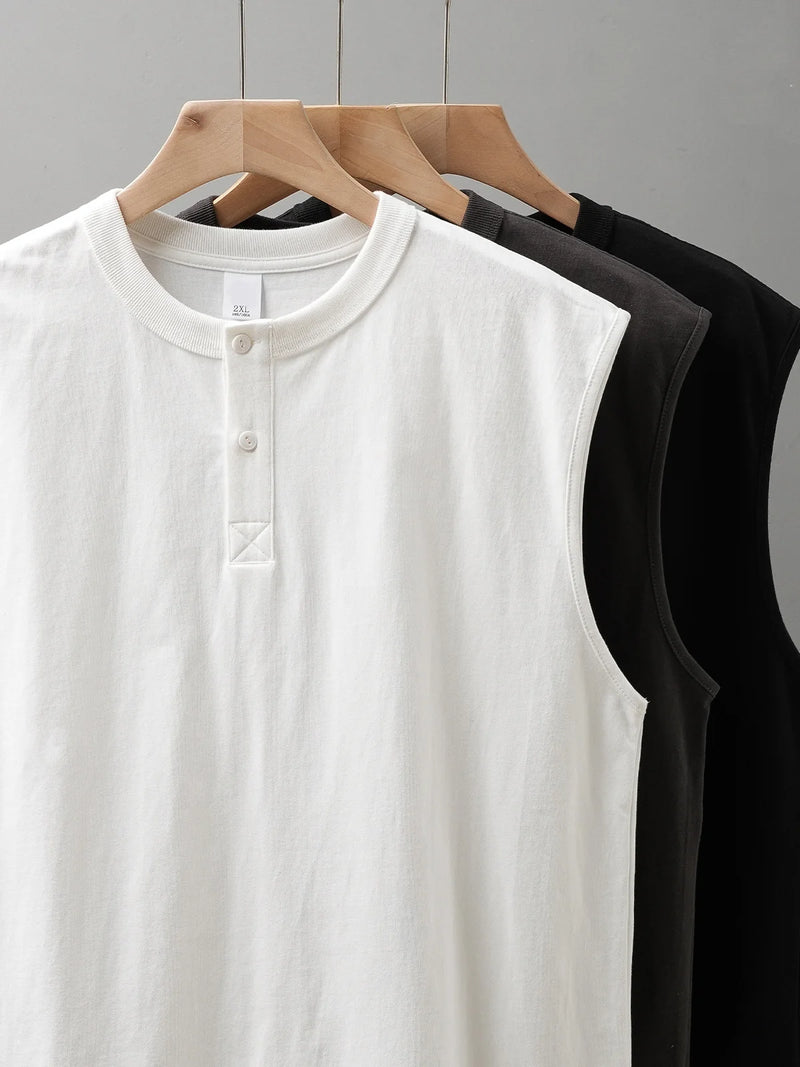 DUKEEN 100% Cotton Henley Collar Vest Men's Clothing Sleeveless Tops Oversized T-Shirt Solid Color Gym T-Shirt Man 11.3Oz