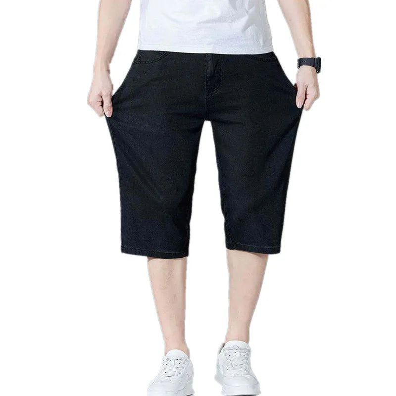 2026 Summer Thin Blue Men's Jeans Shorts, Fashion Casual Stretch Denim Shorts, Asian Size Black Knee Length Pants