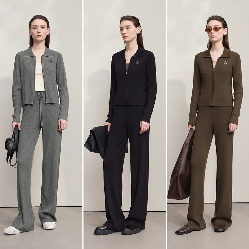 AMII Cardigan for Women 2026 Autumn New Minimalist Commuter Embroidery Versatile Slim Knitting Casual Wide-leg Trousers 12543128