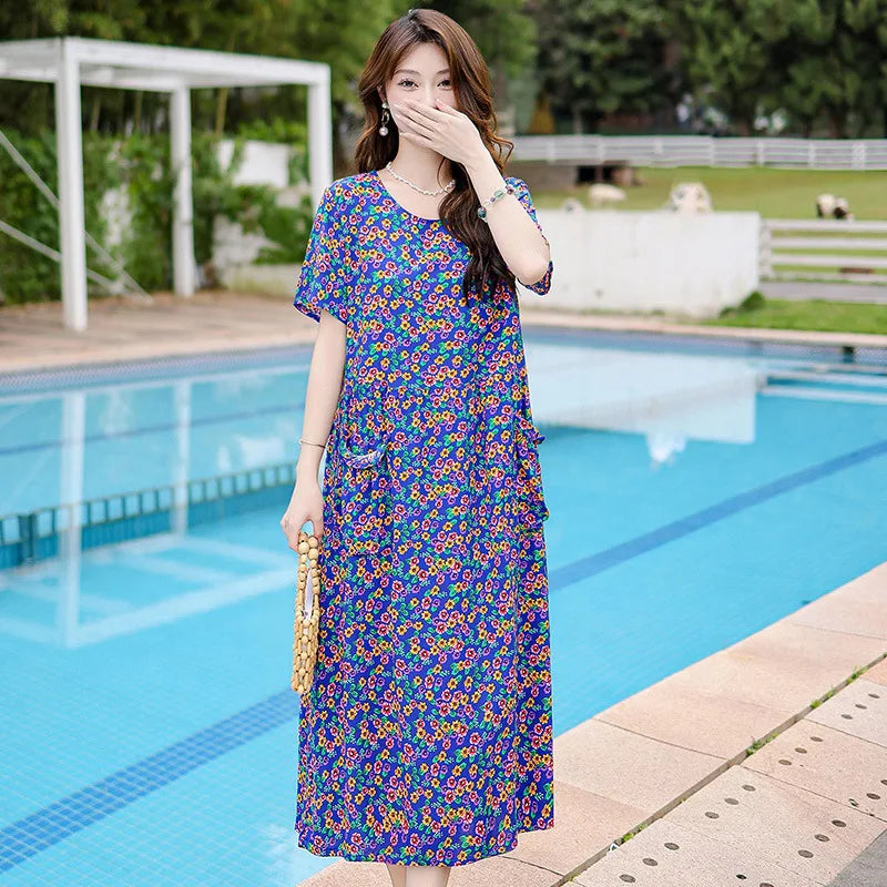 អាវគេងរលុងសម្រាប់នារី XL-5XL រ៉ូបគេងកប្បាសបោះពុម្ពថ្មី អាវគេងនារីដៃខ្លីបែបវីនថេច
