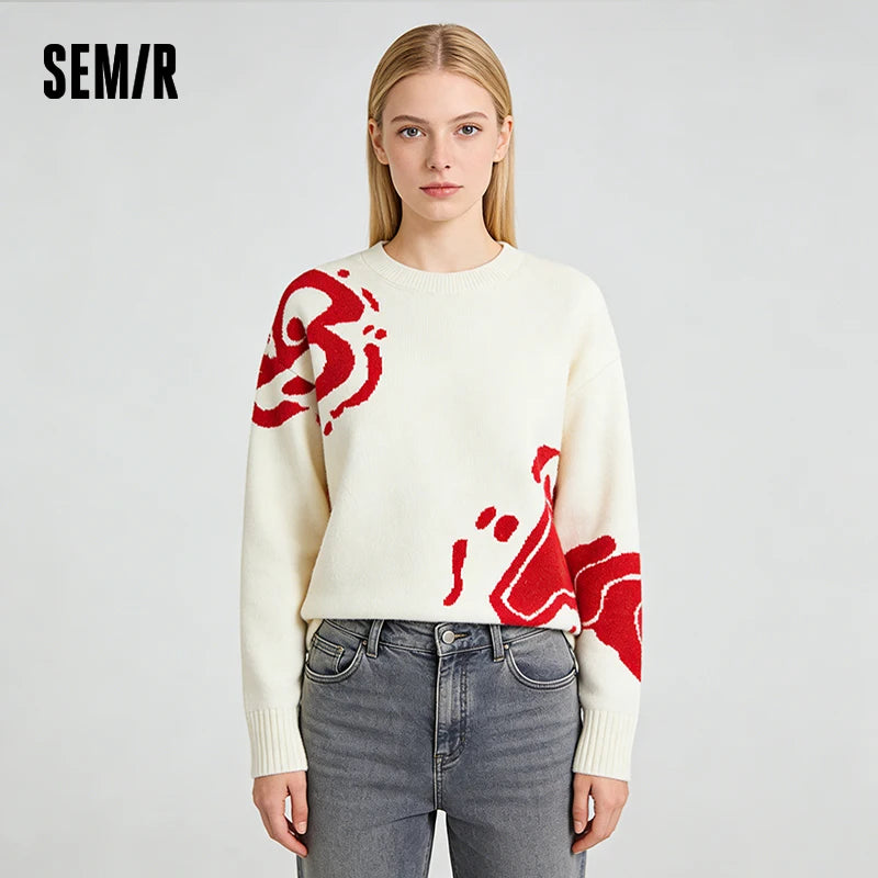 Semir Red Sweater Women 2026 Spring Soft Casual Fashion Comfortable Knitwear Basic Versatile Stylish Daily Wear Top