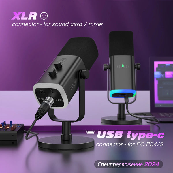 មីក្រូហ្វូនថាមវន្ត FIFINE USB/XLR ជាមួយប៊ូតុងបិទសំឡេងប៉ះ រន្ធដោតកាស ការគ្រប់គ្រង I/O សម្រាប់កុំព្យូទ័រ PS5/4 ឧបករណ៍លាយ មីក្រូហ្វូនលេងហ្គេម Ampligame AM8