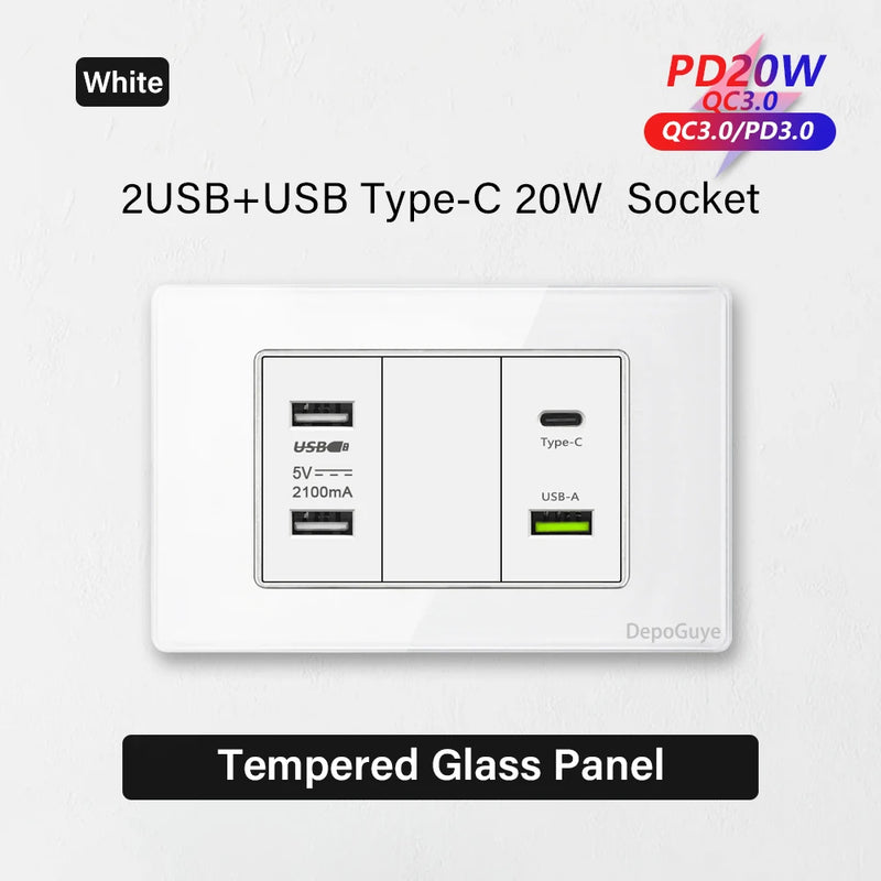 Type 118 White Black Grey Tempered Glass Wall Socket Panel 6 Charging port Triple USB Type C Wall Plug 3.1A 5V Outlet 118*75mm