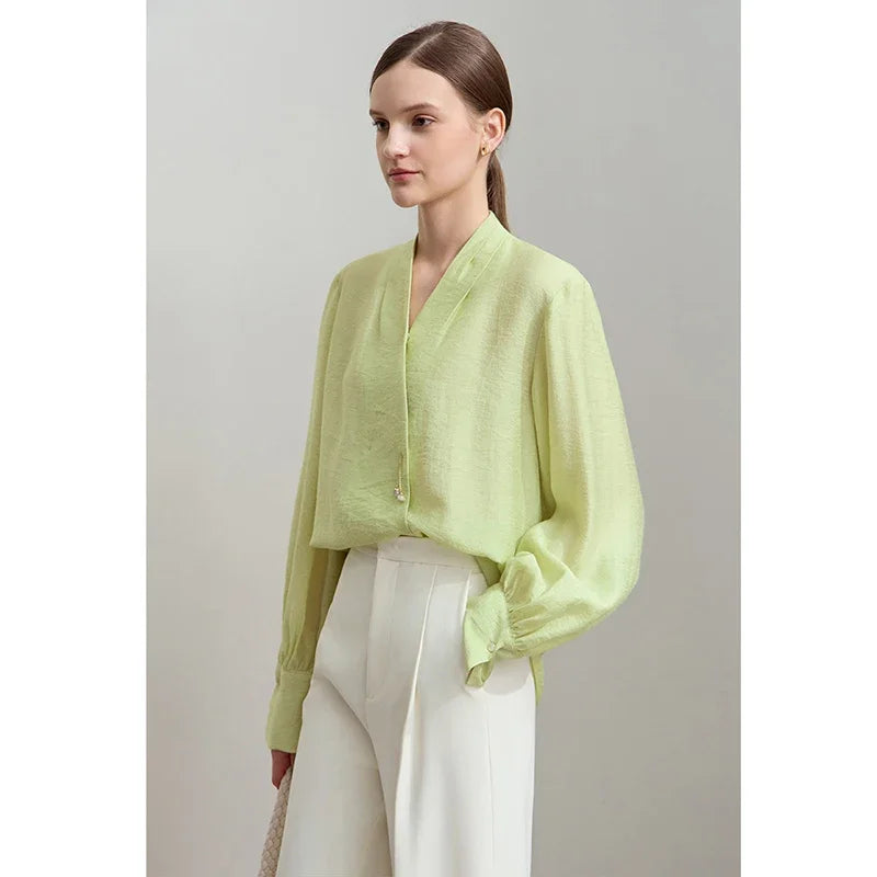 អាវ AMII Minimalist Chiffon សម្រាប់នារី រដូវស្លឹកឈើជ្រុះ ឆ្នាំ២០២៥ អក្សរសាស្ត្រ Retro ស្រាល ខ្យល់ចេញចូលបាន ធ្វើពីក្រណាត់ទេសឯក Lycra ប៊ូតុងរលុង 12541094