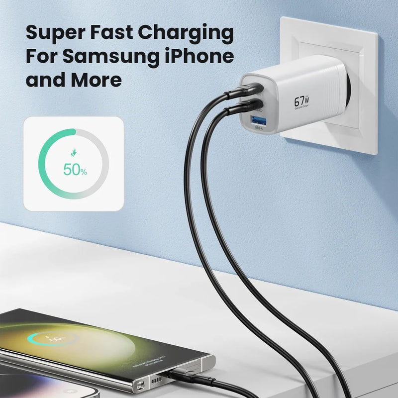 ឆ្នាំងសាក GaN USB Type C 67W PPS PD QC3.0 ឆ្នាំងសាករហ័សសម្រាប់ MacBook Laptop Tablet iPhone 14 iPad Samsung S23 Ultra