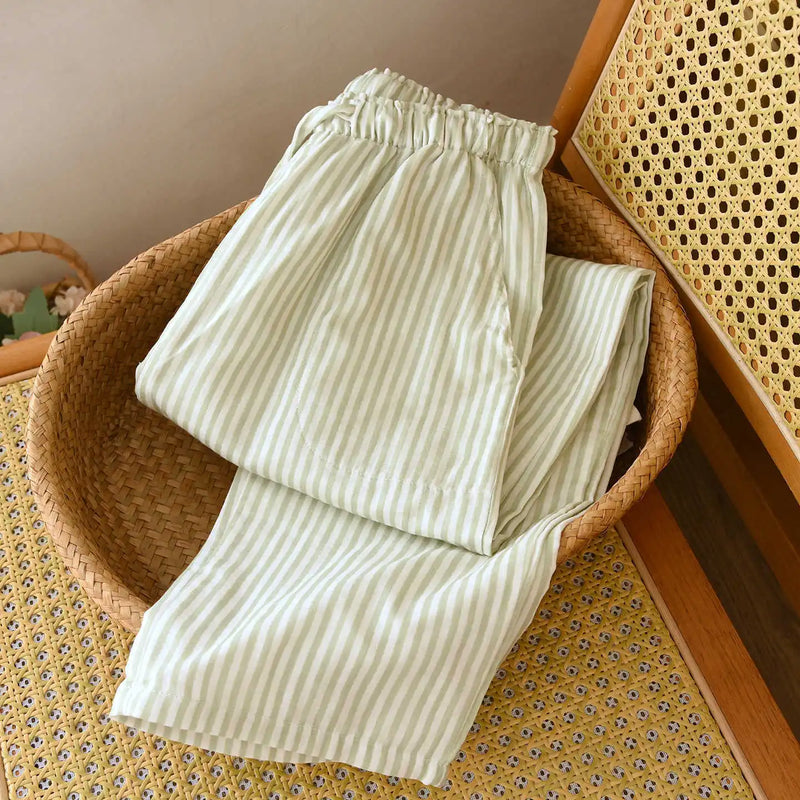 Loose Long Trousers Multi Colors Women's Spring Autumn Striped Printed Thin Pajama Pants Double Layer Gauze Cotton Homewear