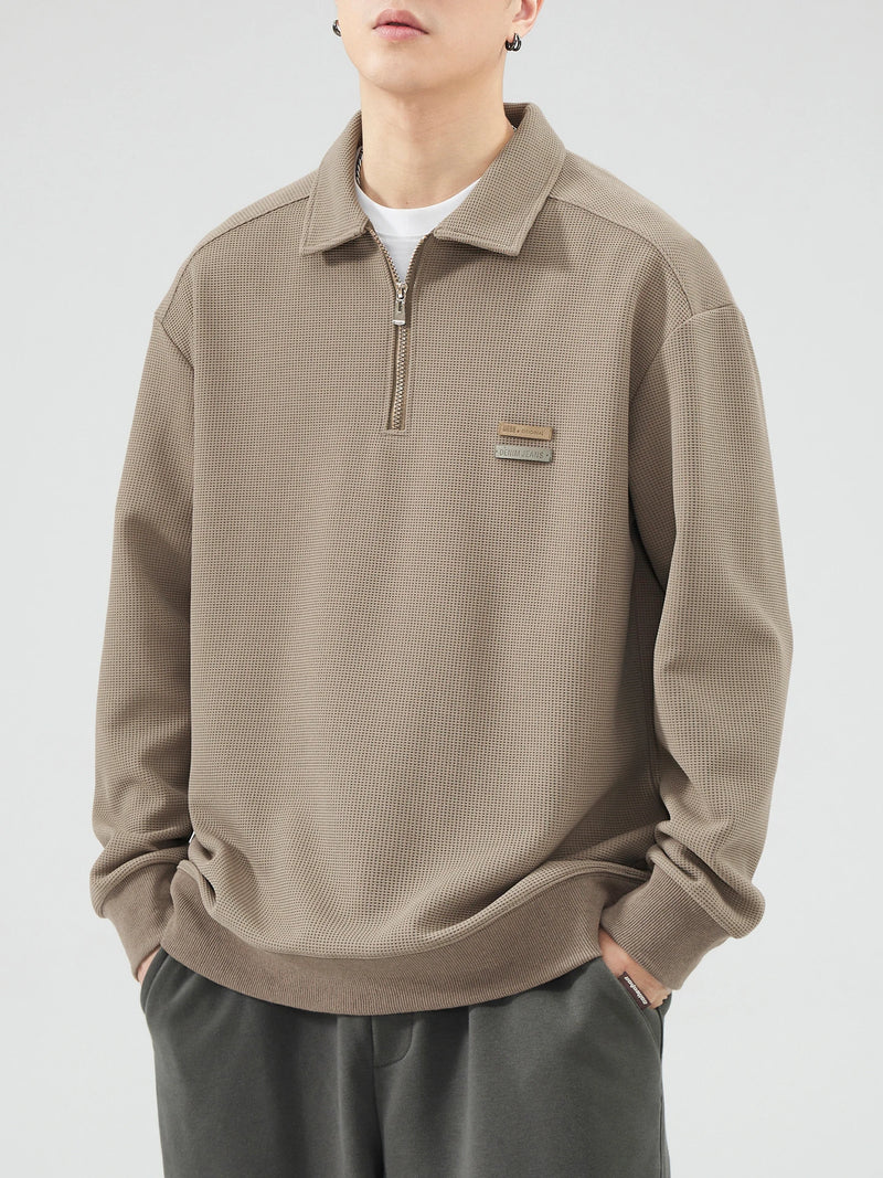DUKEEN Heavyweight Waffle Knit Quarter-Zip Polo Sweatshirt for Men 2025 Spring Fall New Casual Loose Fit Long Sleeve Pullover