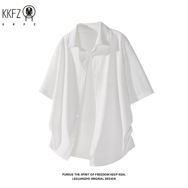 Mens Lightweight Loose Short Sleeve Shirt Lapel Collar Full Button Design Suitable For Vacation Hangout And Leisure Scenes