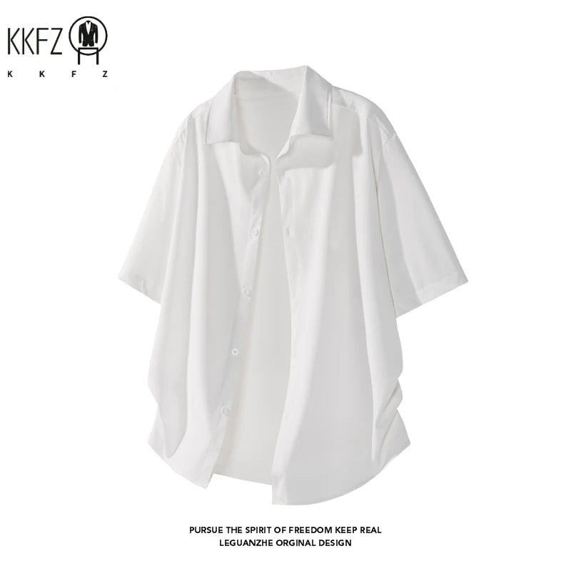 Mens Lightweight Loose Short Sleeve Shirt Lapel Collar Full Button Design Suitable For Vacation Hangout And Leisure Scenes