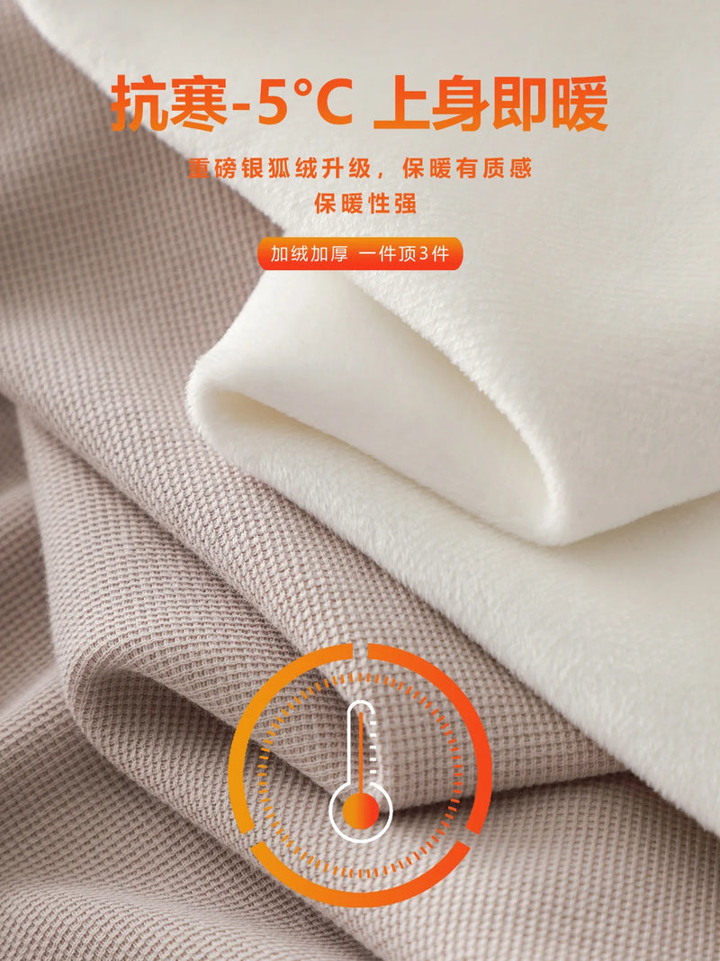 DUKEEN 400G Heavyweight Fleece-Lined Men's Sweatshirts Autumn and Winter Waffle Fabric Crew Neck Long Sleeve Warm Undershirts