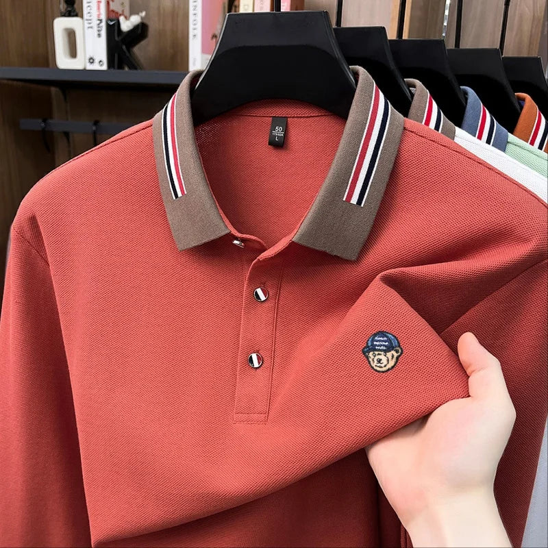 Trend 100%Cotton Man Long-Sleeved Polo Shirt Lapel Button Color Blocking Exquisite Pattern Embroidery Autumn New LeisureMenswear