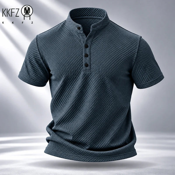 Mens Stand Collar Short Sleeve Shirt Soft Durable Waffle Premium Fabric Suitable For Daily Walking And Light Sports Occasions