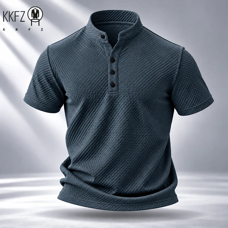 Mens Stand Collar Short Sleeve Shirt Soft Durable Waffle Premium Fabric Suitable For Daily Walking And Light Sports Occasions