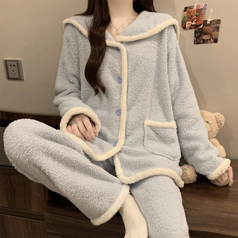 Pyjamas Femme Hiver Korean Soft Flannel Pajama Woman Winter Sleepwear Thick Warm Women's Home Clothes Casual Nightwear Set