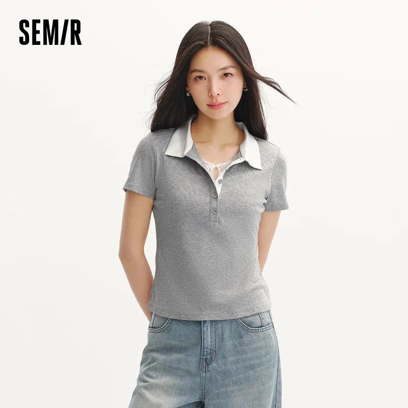 Semir Women Polo Shirt Mesh Bow Fake Two Piece Cool Feeling Petite Sexy 2026 Summer Casual Fashion Top