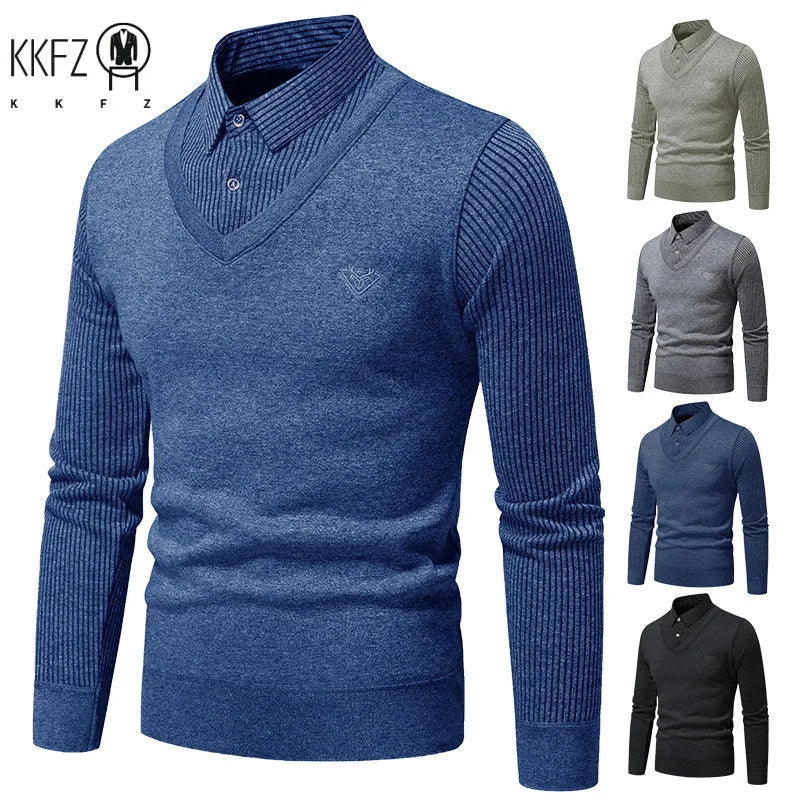 All Season Male Fake Two Piece Long Sleeve Top V Neck Fake Waistcoat Stripe Detail Lapel Collar Embroidered Decor