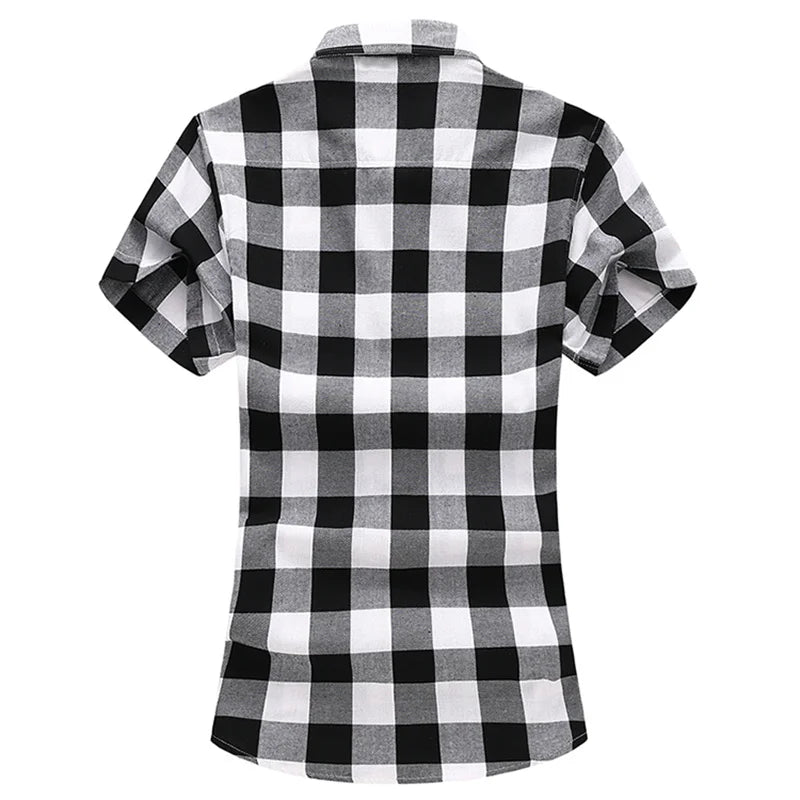 Men Red Striped Plaid Short-sleeved Shirt, Single-breasted Square Collar Cotton Shirts Summer Fashion Casual Camisa Men Chemise