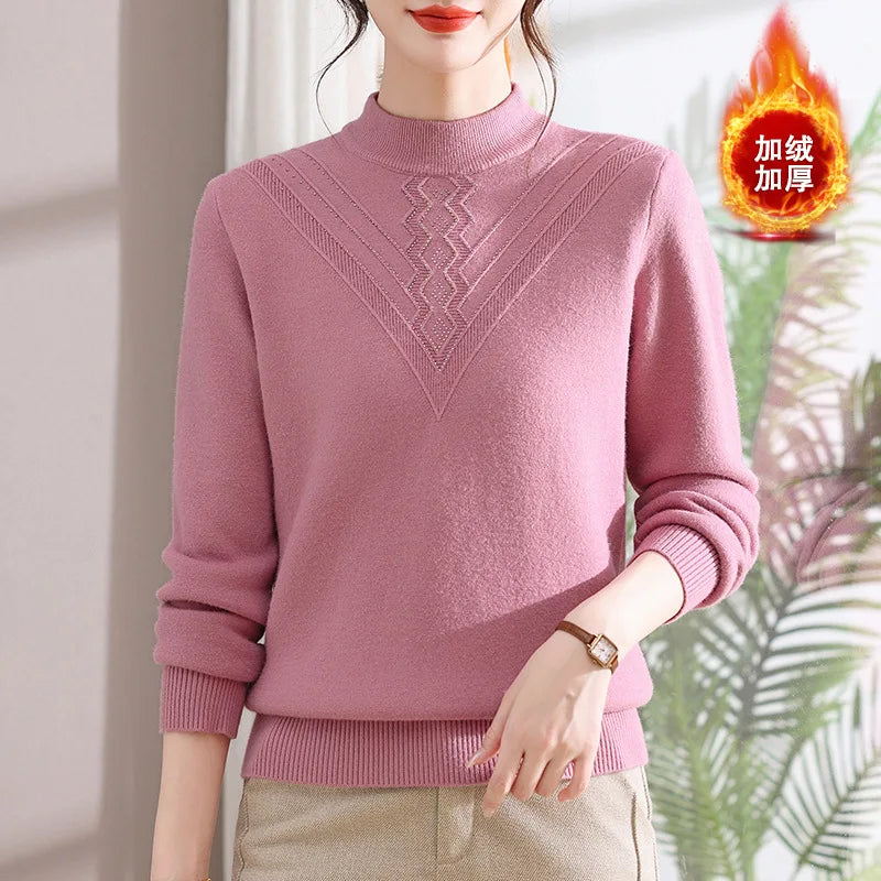 Thicken Velvet Warm Woman Clothing Fleece Knitwear Winter Clothes Woman Turtleneck Middle Aged Mother Sweater Tops Pull Femme