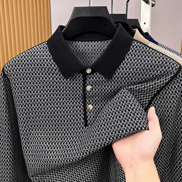 Men's 100% Cotton Long Sleeve Polo Shirt Classic Houndstooth Pattern Invisible Placket Casual Top