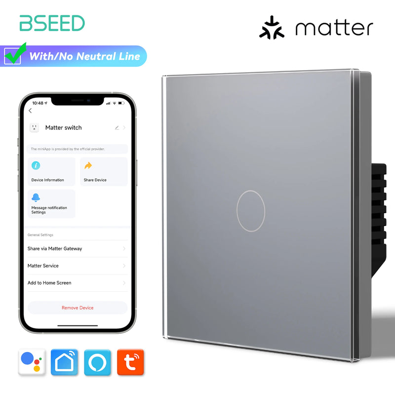 BSEED Matter WIFI Touch Switch 1/2/3Gang Smart Light Switch Support Apple Home Tuya APP Google Assistant Alexa Voice Control