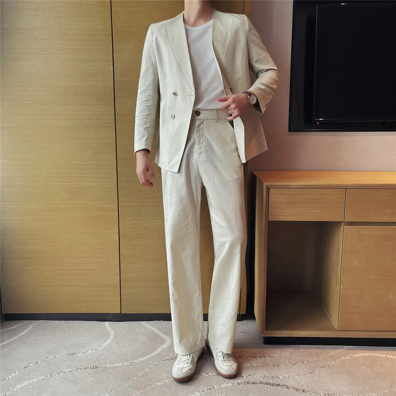 Men's Lightweight Linen45%-Cotton55% Blend Double-Breasted Suit Set – Breathable Collarless Blazer & Trousers Summer Business