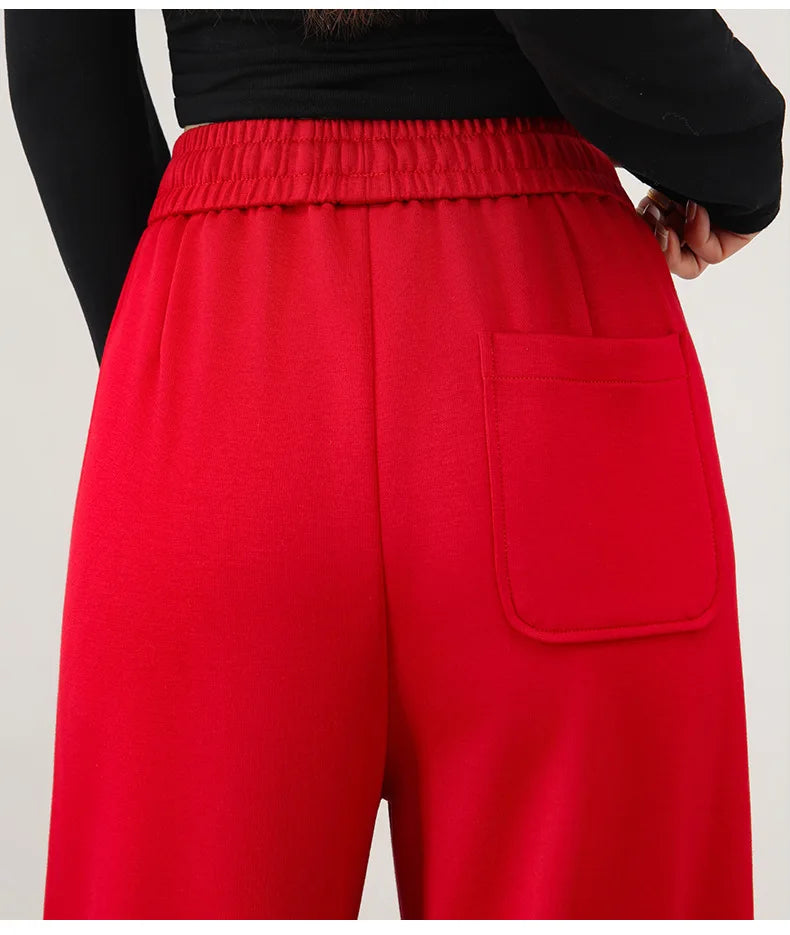 Bright Red Women's High-waisted Wide-leg Pants; Black Athletic and Casual Trousers for Spring and Fall; Asian Sizes S–XXL.