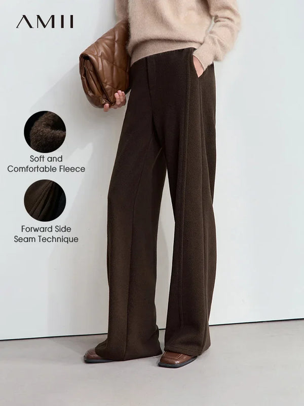 AMII Minimalist False Placket Rear Rubber Band Waist Casual Trousers 2026 Winter Women's Suede Wide-leg Trousers Pants 12444074
