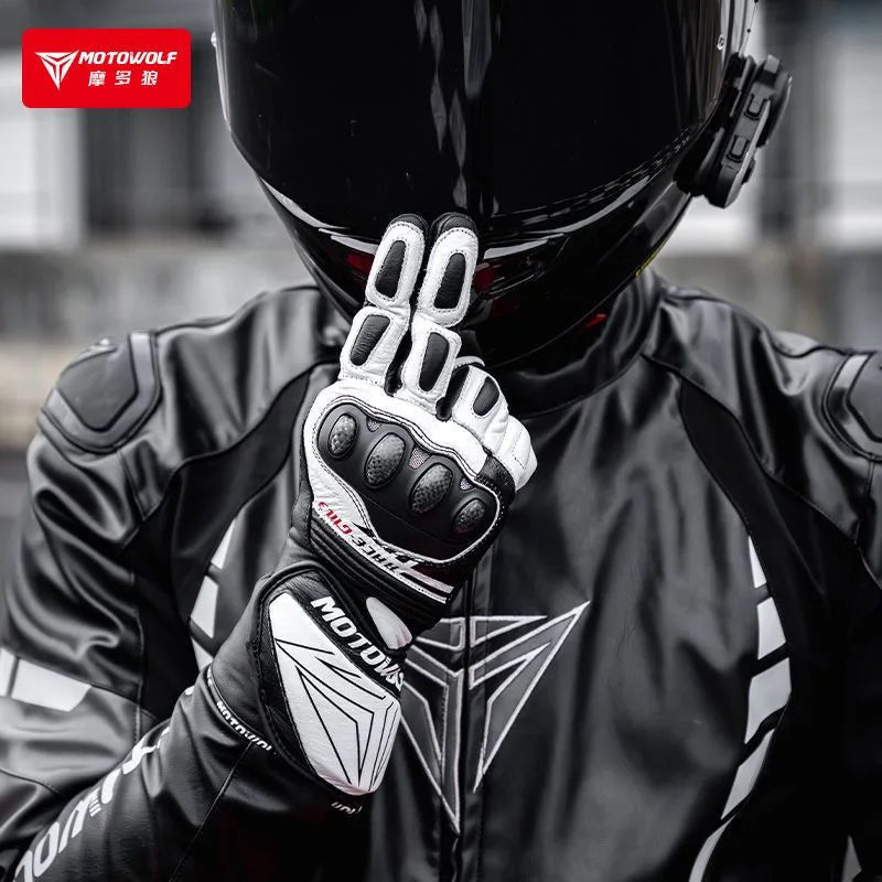 ស្រោមដៃម៉ូតូ Motowolf GM3 ស្បែកសុទ្ធសម្រាប់បុរស ធន់នឹងខ្យល់ អេក្រង់ប៉ះ កំណែវែង ធន់នឹងការដួលរលំ ស្រោមដៃប្រណាំងម៉ូតូ