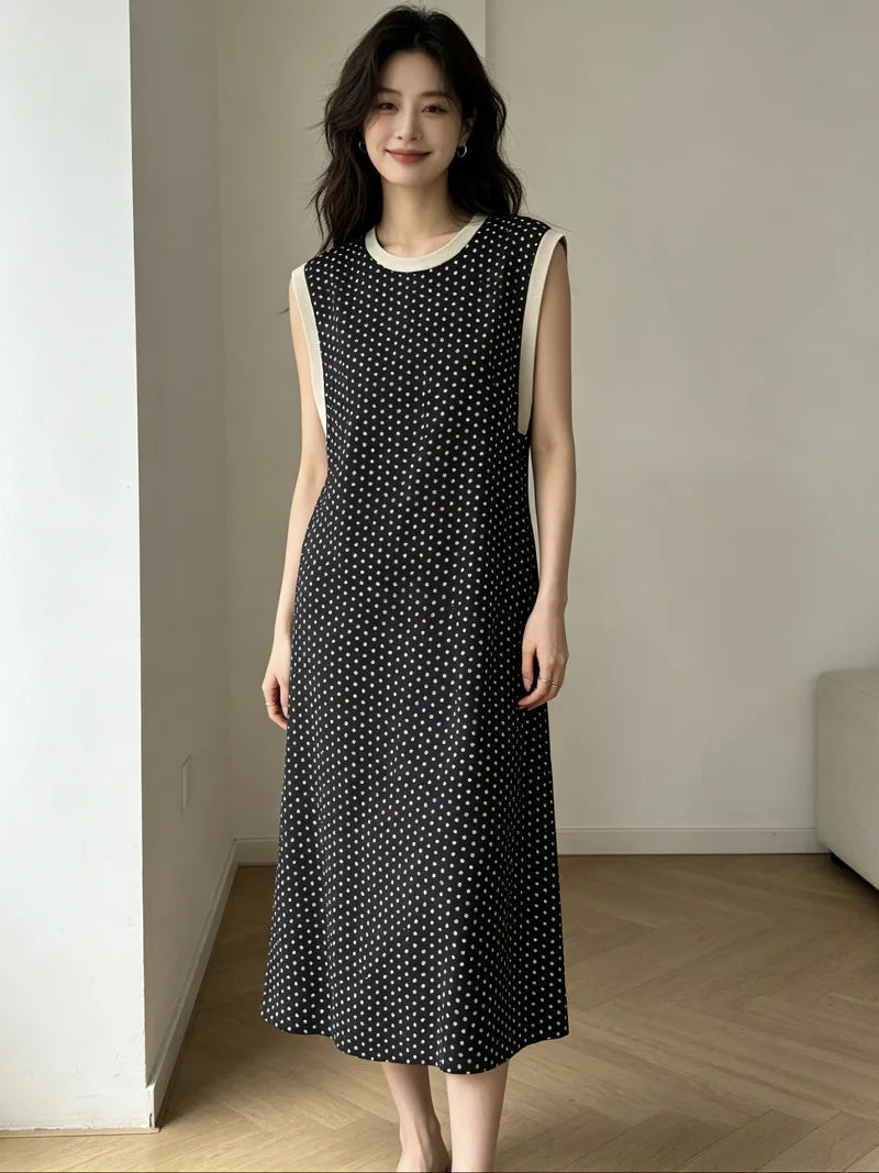 Large Size Cotton Silk Sleeveless Dress Women's Loose Polka Dots Leopard Print Nightdress Loungewear Round Neck Nightgowns