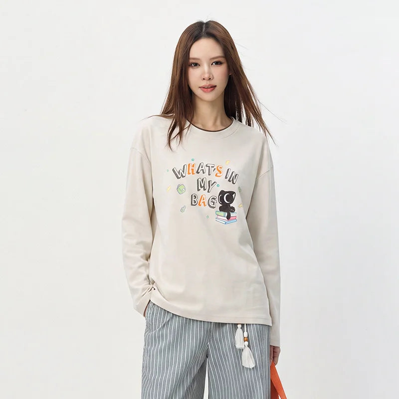 Semir Women Tshirt Cotton Fabric Color Block Long Sleeve Oversized Fit Mid Length Retro Style 2026 Autumn Soft Comfort