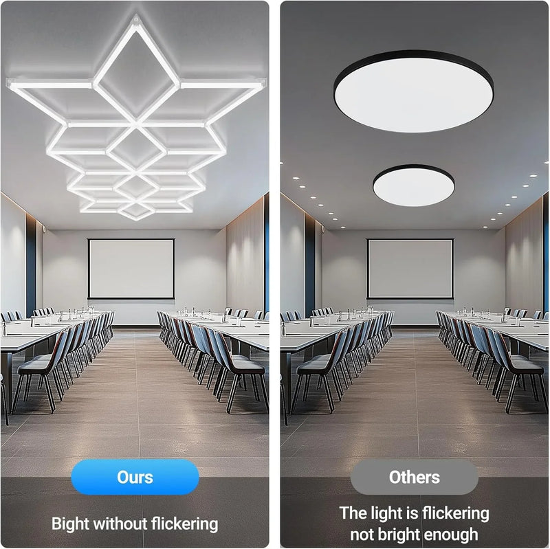ភ្លើងបំភ្លឺយានដ្ឋាន LED ត្រីកោណ ភ្លើងឆកោន ភ្លើងពិដាន Honeycomb ភ្លឺខ្លាំងសម្រាប់ឃ្លាំង បន្ទប់ក្រោមដី ការថែទាំរថយន្ត បន្ទប់បោកគក់