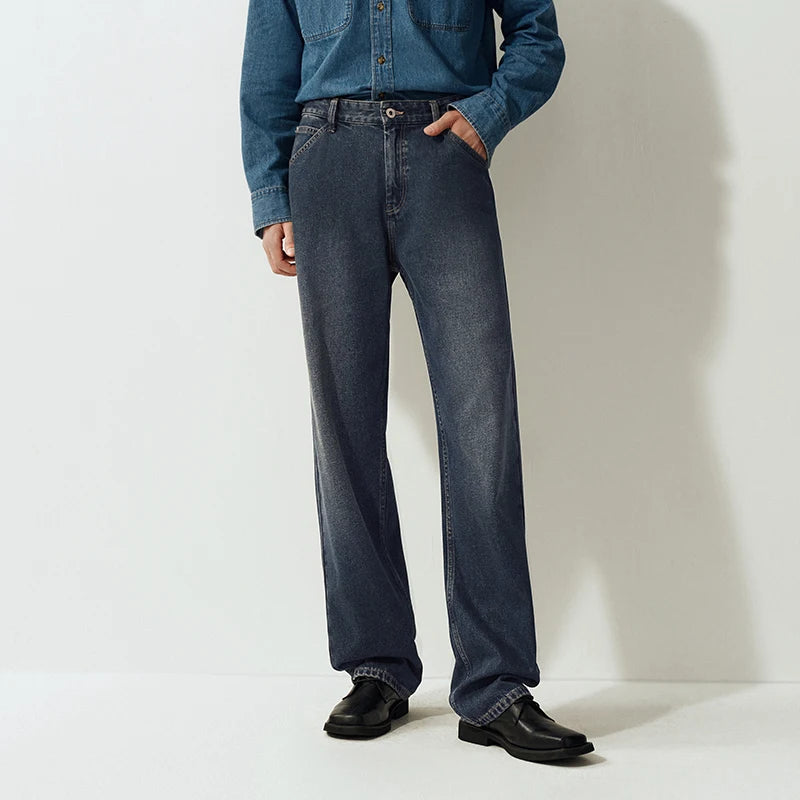 Semir Men Jeans Wide Straight Leg Loose Fit Distressed Wash 2026 Vintage Streetwear Commuter Casual Denim Pants