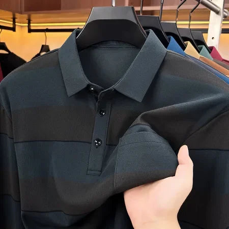 Mens Relaxed Lapel Polo Shirt Long Sleeve Horizontal Stripes Button Placket Casual Street Daily Fashion Outfit