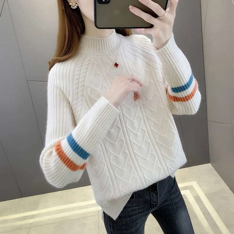 Casual Thicken Warm Pull Femme Knitwears Sueter Half High Collar Knitting Sweater For Women Autumn Winter Base Pullovers Tops